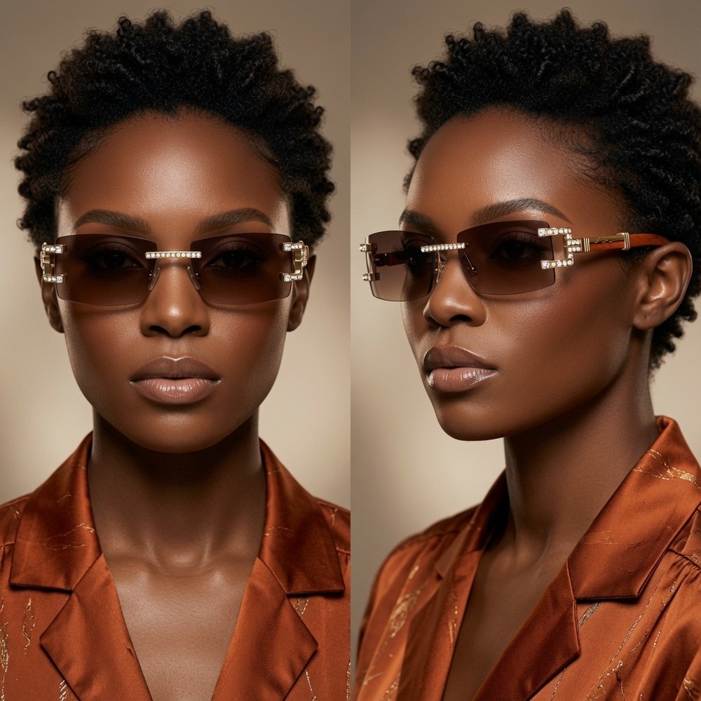 Square Sunglasses Women Rimless Brown‎ Lens Wood Grain Legs Fashion Retro Lentes